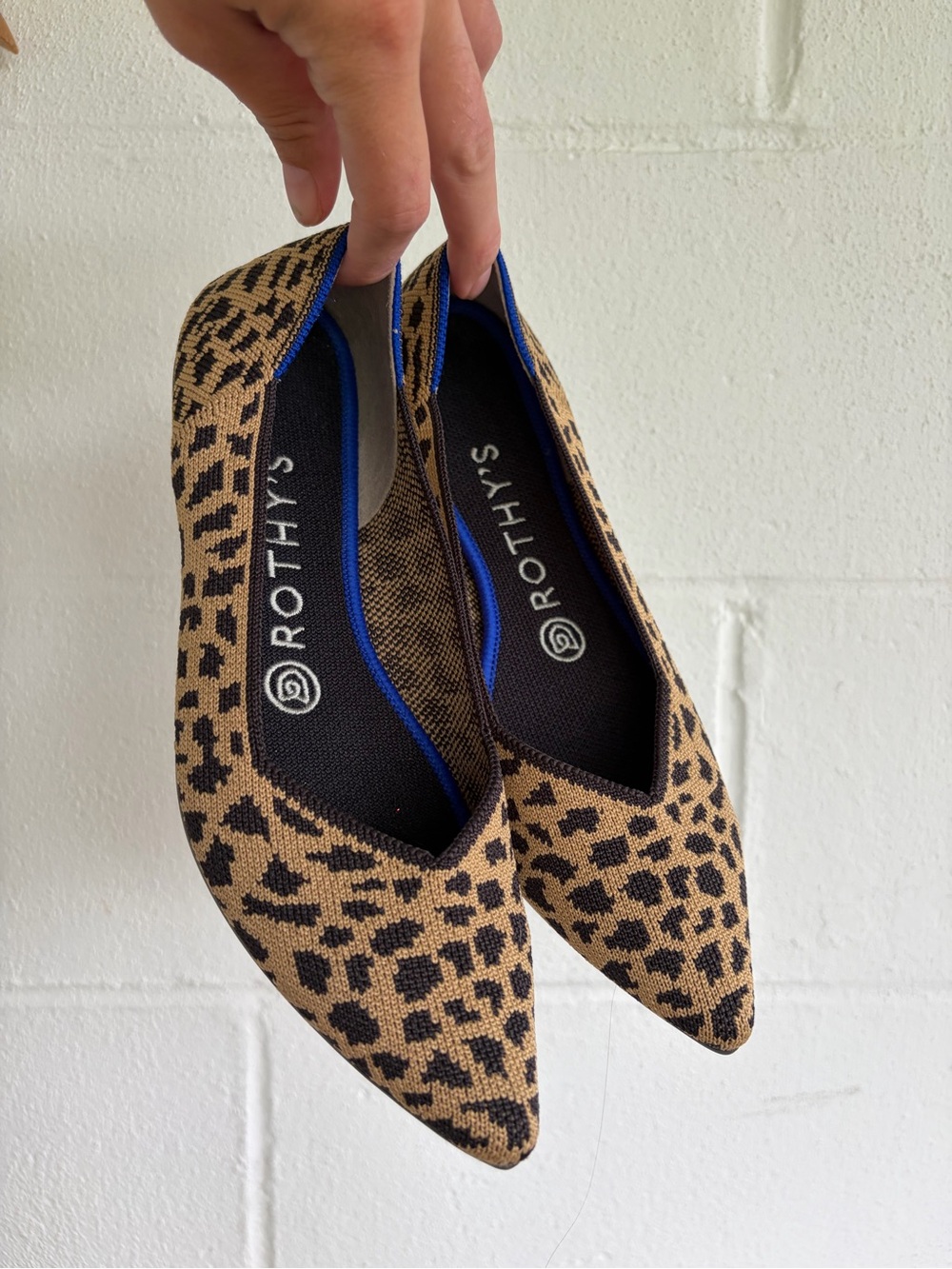 Rothy's Leopard Print Pointed Toe Flats with Blue Trim